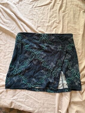 Free People Black and Teal Paisley Wrap Mini Skirt